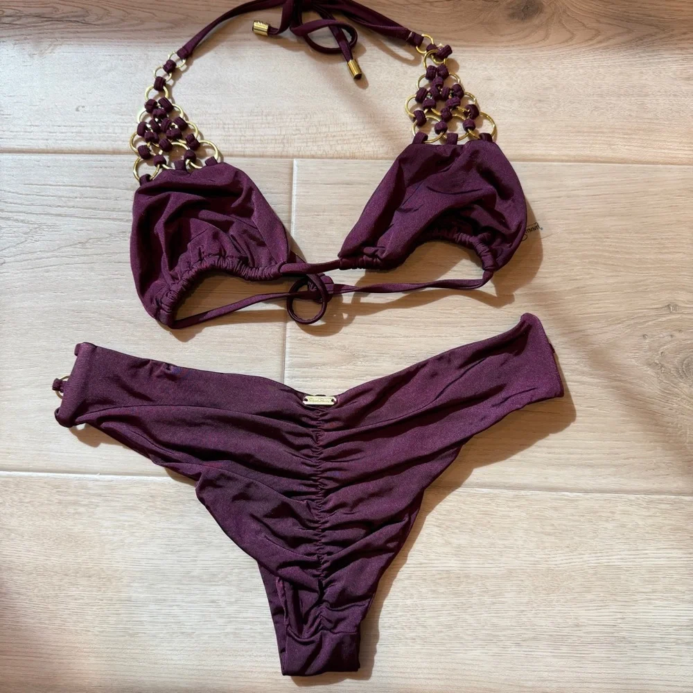 Beach Bunny Plum Triangle Bikini with Gold Chain Accents - Picture 5 of 5